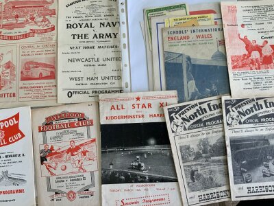 1950s Football Programmes: 51/52 + 52/53 Preston v Liverpool, 52/53 QPR v Tottenham reserves, Northampton v Watford, Kidderminster v All Stars, Navy v Army at Charlton, 55/56 Liverpool/Everton v Lancs X1, BPA v Derby, Rochdale v Crewe, 56/57 Mansfield v Workington, Schools Internationals with tickets and more. Very good.