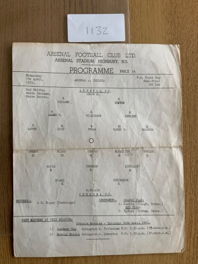 64/65 Arsenal v Chelsea Youth Cup Football Programme: Large single sheet semi final with folding but without writing. Arsenal got to the final this season.