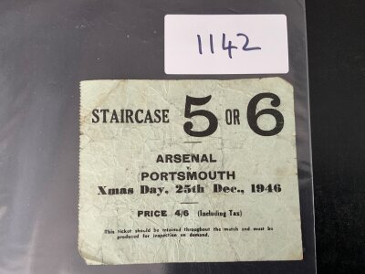 46/47 Arsenal v Portsmouth Football Ticket: Christmas Day ticket is dirty with creasing as looks like it fell in a puddle in the day. First league season after the war.