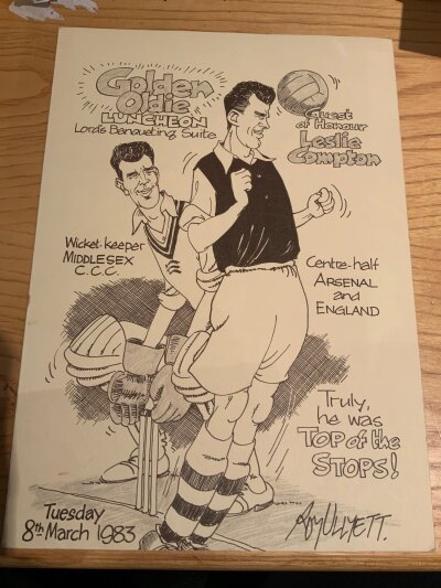 Les Compton Arsenal Signed Football + Cricket Menu: Luncheon held in 1983 with Compton as the guest of honour. Superb cartoon to cover by Roy Ullyett. Signed to rear by a host of guests to include ex players Les + Denis Compton George Male Alf Kirchen Bernard Joy Terry Neill Joe Mercer Stanley Rous Reg Lewis Laurie Scott Ted Drake Jack Kelsey Jimmy Logie Arthur Milton Alf Fields. Cricketers include Fred Trueman Mike Gatting Brian Close Peter Parfitt and more. Nice item.
