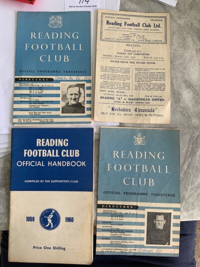 Reading Home Football Programmes: 45/46 Torquay cup very good, 49/50 Charlton reserves 53/54 Tottenham reserves both writing to cover and a 59/60 handbook. (4)