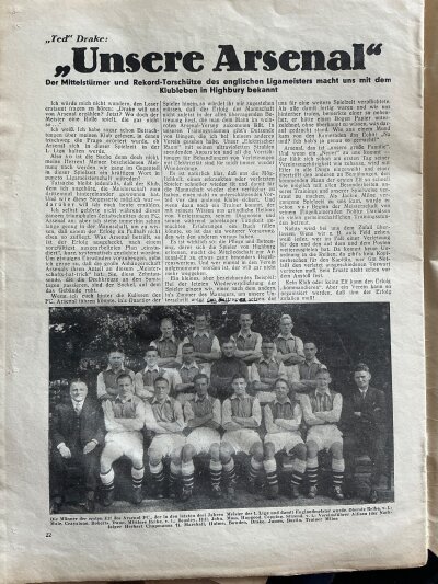 Germany Pre War Arsenal Related Football Newspapers: 1930 + 1936 in Paris, 1935 which also covers England v Germany at Tottenham, 1932 players in the bath picture and write up, 1937 with report of Arsenal v Wolves. C/W European newspapers covering 1946 v Racing, 1949 Sao Paulo and some 60s coverage of Arsenal. Rare items.