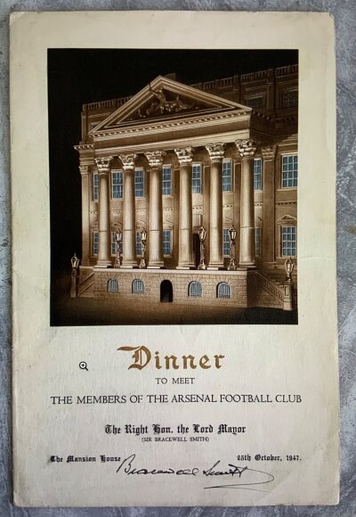 1947 Multi Signed Arsenal Football Menu: Truly stunning menu held at the Mansion House with picture of the building to cover. Incredibly rare dinner hosted by the Lord Mayor to meet members of the Arsenal Football Club. There must be nearly 40 autographs which include 1st team, reserves, management and staff.