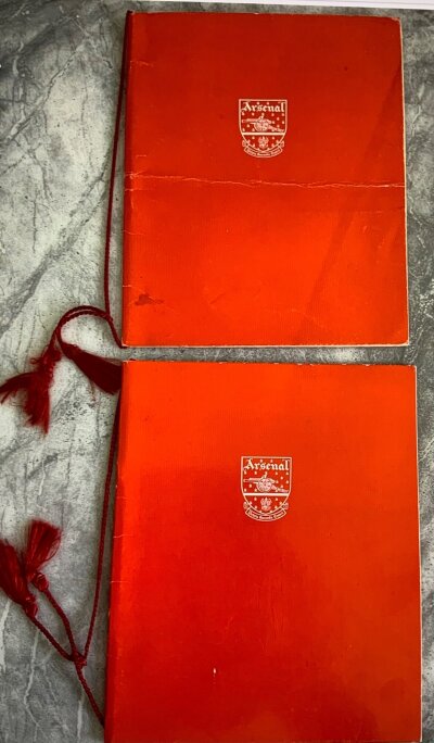 Arsenal Double Season + 1972 FA Cup Football Menu: 70/71 menu is held at Claridges in July 1971 and has a fold. 1972 FA Cup final dinner the evening of the match is at Park Lane Hotel. Both similar looking red menus with Arsenal emblem to front and red ribbons. (2)