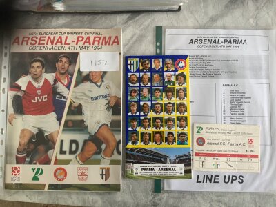 93/94 Parma v Arsenal ECWC Final Ticket + Programmes: Good condition ticket with folding plus 2 different versions of the final and a black and white team sheet which is likely to be a copy. (4)