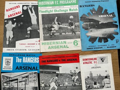 Arsenal Away Friendly Football Programmes: All played in either Scotland Wales or Ireland with some having tickets. Includes Coronation Cup Celtic which doubles up as Tottenham v Hibernian, 53 55 60 66 Rangers, 48 50 Bohemiams, 50 Glentoran, 59 Home Farm youth tournament. 49 programmes in collectors folder.