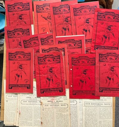 Arsenal Pre War Home Sub Standard Football Programmes: Programmes either have very rusty staples, have been stained or punch holed with 14 having no covers and a couple having replacement covers. From 25/26 to 38/39 both first team and combination in various conditions. (33)