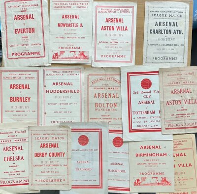 1940s Arsenal Pirate Football Programmes:: Includes 46/47 Charlton 47/48 Bolton Aston Villa Huddersfield Burnley Bradford Blackpool and more. There are 15 from the 40s with a further 3 from the 50s. (18)