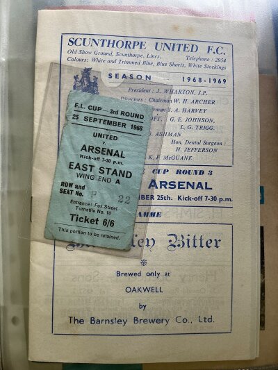 Arsenal League Cup Away Football Programme Collection: Two binders of programmes starting away at Gillingham 1966-67 through to 2005-06. Believed to be complete and with many tickets to include Coventry 1966, Huddersfield and Scunthorpe 1968, Southampton 1969, Ipswich and many more. Over 75 tickets in total which also include 70/71 Ipswich + Crystal Palace. ( 2 folders )