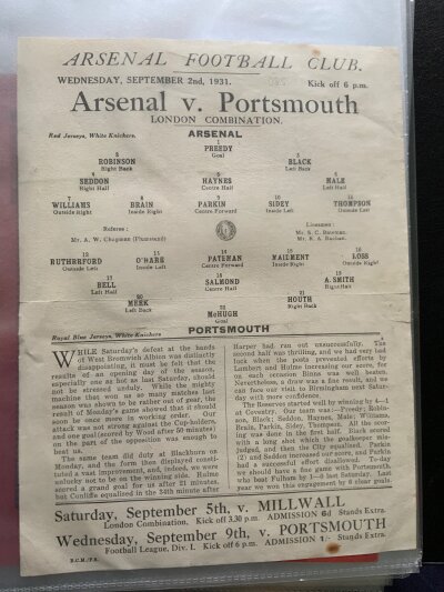 Arsenal 1931 - 1932 Home Reserve Football Programmes: 16 reserve programmes with one of them being a rare single sheet v Portsmouth. The rest are the red covered versions with one having cover missing. Include QPR Orient Southampton and Millwall. Good. (16)