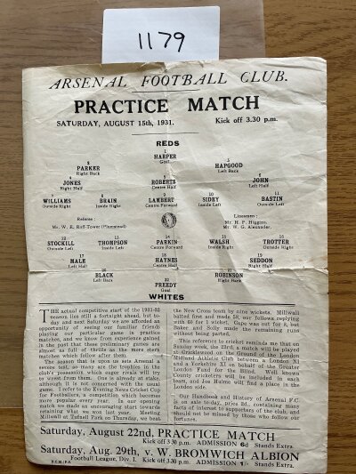 Arsenal 1931 Practice Match Football Programme: For the match Reds v Whites played on 15 8 1931. Single sheet with no writing but with folds and tears.