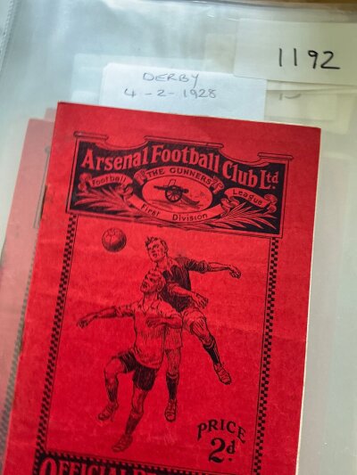 1927 - 1928 Arsenal v Derby County Football Programme: For the match played on 4 2 1928. Rusty staples holding firm. No writing.