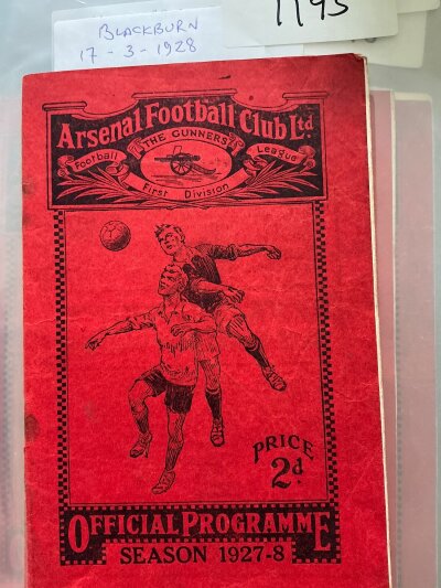 1927 - 1928 Arsenal v Blackburn Football Programme: For the match played on 17 3 1928. Rusty staple holding firm. Team changes and score noted in pencil.