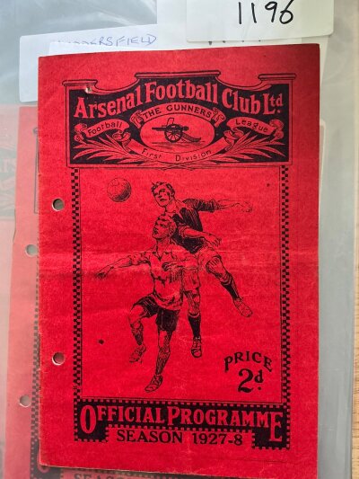 1927 - 1928 Arsenal v Cardiff City Football Programme: For the match played on 6 4 1928. Rusty staples holding firm. No writing but punch holes.