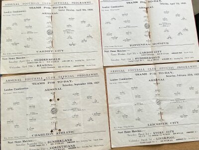1927 - 1928 Arsenal Reserve Football Programmes: For the matches v Cardiff Charlton Tottenham and Leicester. Rusty staples holding firm. No writing but punch holes on the Charlton programme. (4)