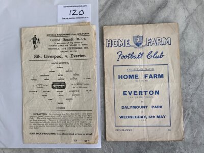 46/47 South Liverpool v Everton Testimonial Football Programme: 4 pager for appreciation of long service to South Liverpool players Jones and Roper with no team changes. C/W 52/53 Home Farm v Everton. Good. (2)