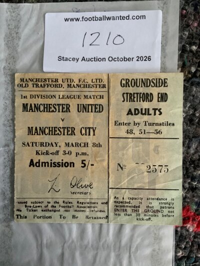 1968/69 Manchester United v Man City Buff Football Ticket: Good condition league match with light fold.