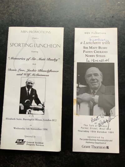 Manchester United Legends Signed Football Menus: 1991 luncheon menu for Matt Busby Paddt Crerand and Nobby Stiles signed neatly to front without dedication by all 3. C/W a 1996 menu signed and dedicated by Denis Law. (2)