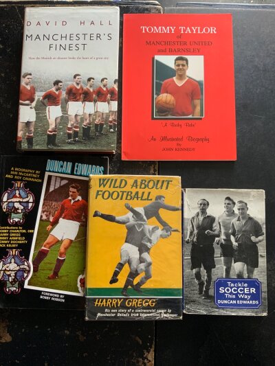 Manchester United Busby Babes Football Memorabilia: Original autobiography of Duncan Edwards, Harry Gregg and biographies of Duncan Edwards and Tommy Taylor and a further booked named Manchesters Finest. There are also some newspapers issued much later regarding the Busby Babes.