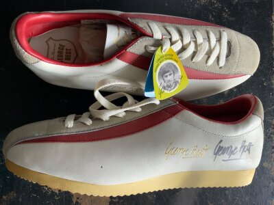 George Best Original Signed Ben Sherman Football Trainers: Brand new Ben Sherman trainers with tags. Limited edition George Best training shoe with hand signature to left shoe and both have printed gold signature. Size 10.