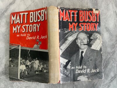 Matt Busby Manchester United Signed Football Book: My Story by Matt Busby original 1957 book with damaged dust jacket. Hand signed Best Wishes without dedication.