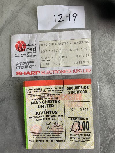 83/84 Manchester United ECWC Football Tickets: Home tickets v Barcelona quarter final and Juventus semi final both in good condition with folding. (2)