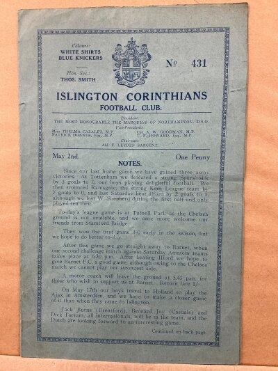 1935 - 1936 Islington Corinthians v Chelsea Football Programme: Four Page programme with team changes for the Midweek League match on 2 May. This was officially a Chelsea home match that was played at Tufnell Park as Stamford Bridge was unavailable.