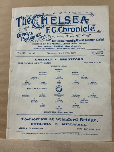 1919 - 1920 Chelsea v Brentford Football Programme: Single sheet for the Fred Taylor Benefit Match played on 14 April 1920.