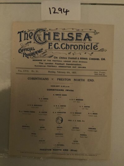 1921 - 1922 Corinthians v Preston Football Programme: Friendly played at Chelsea in excellent condition with no team changes. Ex bound single sheet.