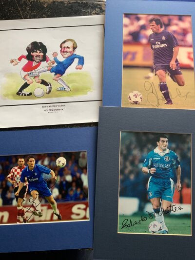 Chelsea Signed + Mounted Football Photos: 16 x 12 inch mounts around signed photos of Zola Lampard and Di Matteo. C/W comedy print unsigned of Ron Harris kicking George Best. Instructions to sell. (4)