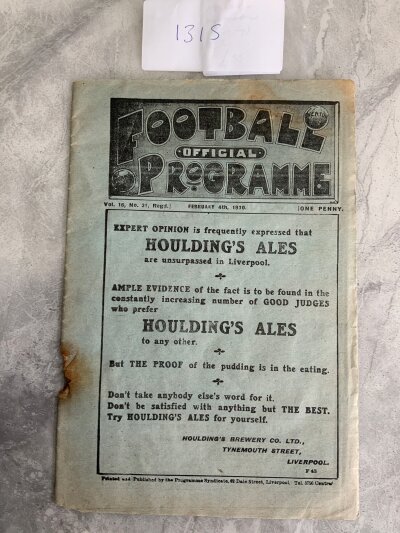 1919 - 1920 Liverpool v Bolton Football Programme: League match that has a large hole where staple rotted away.