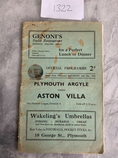 36/37 Plymouth v Aston Villa Football Programme: Division two programme is good with no team changes but does have tea stains to cover.