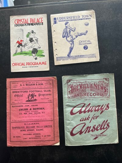 Pre War Football Programmes: 38/39 Crystal Palace v Walsall good, 37/37 Huddersfield v Everton lots of punch holes, 34/35 Brentford v Hull fair/good, 32/33 Aston Villa v Wolves fair. (4)