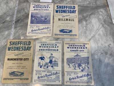 Sheffield Wednesday Home Football Programmes: 46/47 Millwall Manchester City 47/48 Chesterfield 49/50 Cardiff Brentford. (5)