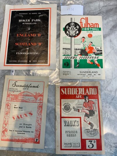 Sunderland Football Programmes: Home 48/49 Birmingham 50/51 Middlesbrough 53/54 England B v Scotland B plus away to 49/50 Fulham. Fair/good. (4)