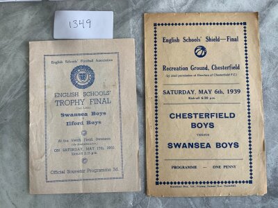 1939 English Schools Final Football Programme: Chesterfield Boys v Swansea Boys in good condition with a couple of tiny tears to border. C/W final for 1952 Swansea Boys v Ilford Boys. No team changes. (2)