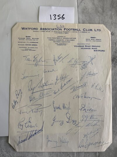 1952 Watford Football Squad Signed Headed Paper: Hand signed in biro by 24 on Watford headed paper with C52 written to the top meaning circa 1952.