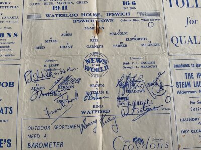 Watford Signed Football Programmes: Fully Watford signed programmes 1955 Ipswich, 1962 Millwall both teams, 1970 Gillingham, 1980 Orient plus many signed programmes from the 60s with varying amount of signatures + more.