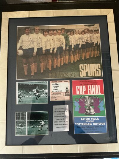 Tottenham 1971 League Cup Final Signed Framed Display: Double page colour magazine picture fully signed by the team clearly in biro on white shirts. Replica memorabilia and match detail plaque in 18 x 22 inches frame.