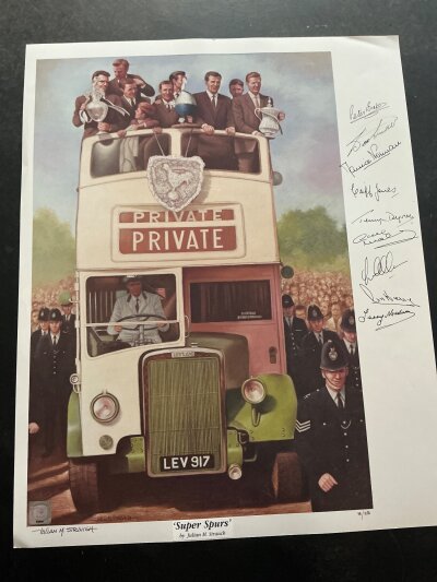 Tottenham Double Winners Signed Football Prints: Double team print depicting the team on the bus with both trophies being held. Other print is at White Hart Lane with players posed leaping. Both signed by the same 9 which are Jones Norman Baker Dyson Medwin Mackay Jones Henry and Allen. (2)