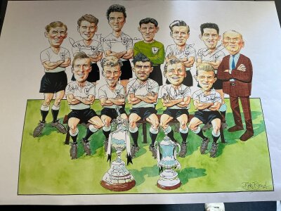 Tottenham Double Season Signed Football Caricatures: From the great 60/61 double team we have a large poster hand signed by 8 and a further 13 individual caricatures hand signed by 10 including Hreaves which is the season after. All prints by Bob Bond.
