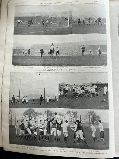 1905 Tottenham Football Newspapers: Sporting + Dramatic newspaper with tearing not affecting pictures of the match v Corinthians. A page from same publication covering match v Middlesbrough in the cup. C/W 1907 pictures of Tottenham beating Clapton Orient at baseball in same publication that has a few articles removed. (3)