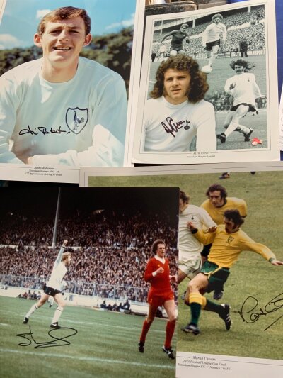 Tottenham Signed Football Photos: Folder containing 41 signed photos or programme inserts from around 2001/2002. C/W large signed prints of Robertson Archibald Chivers Conn and mounted smaller photos of Defoe and Ginola. Nice items.