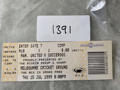 1999 Socceroos v Manchester United Football Ticket: Pre season friendly dated 15 7 1999 at the Melbourne Cricket Ground fresh from winning the treble. Excellent.