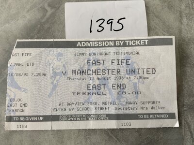 1995 East Fife v Manchester United Football Ticket: Jimmy Bonthrone testimonial dated 10 8 1995 with corner out of left hand stub which is attached to main ticket.