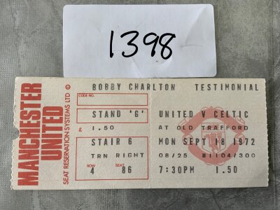 1972 Manchester United v Celtic Football Ticket: Bobby Charlton testimonial dated 18 9 1972 in excellent condition.