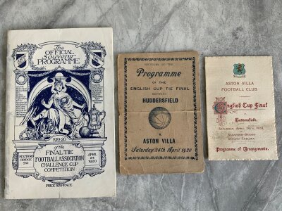 1920 FA Cup Final Football Programmes+ Menu: Huddersfield v Aston Villa played at Chelsea. Official programme in very good condition after professional repair to spine, Pirate programme with tear on fold. C/W an Aston Villa programme of arrangements which has some hand written alterations.