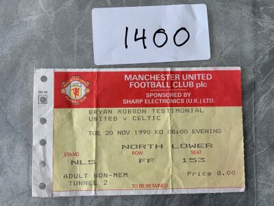 1990 Manchester United v Celtic Football Ticket: Brian Robson testimonial dated 20 11 1990 with folding.