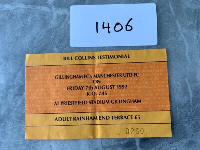 1992 Gillingham v Manchester United Football Ticket: Bill Collins Testimonial dated 7 8 1992 in good condition with fold. Signed to rear by Collins.