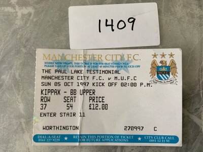 1997 Manchester City v Manchester United Football Ticket: Paul Lake testimonial dated 5/10 1997 in good condition with fold.